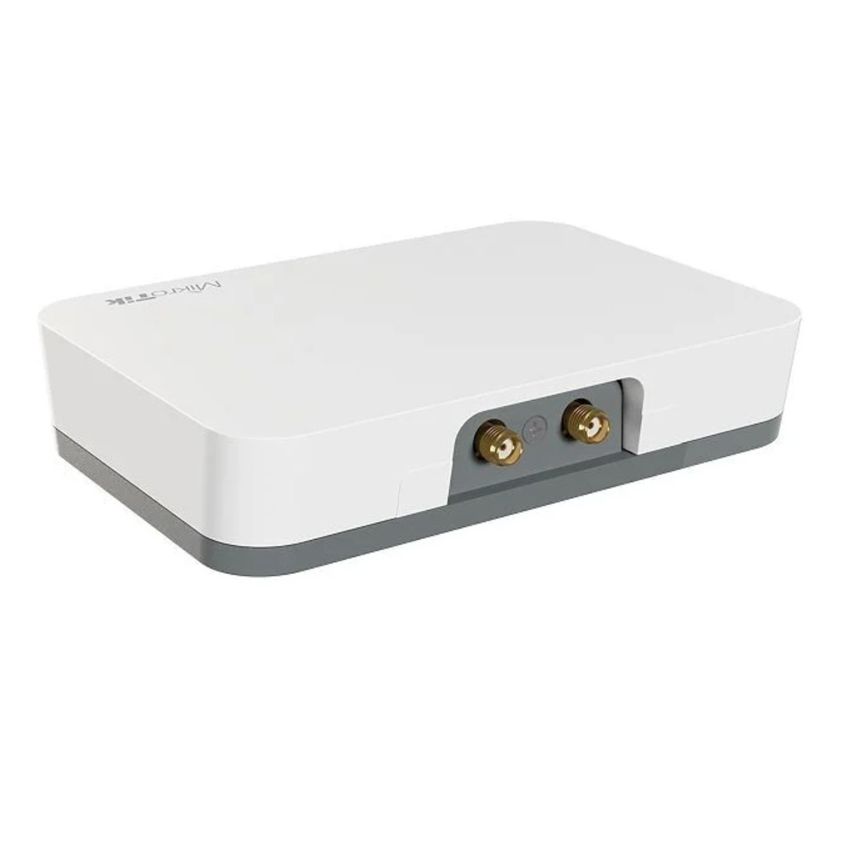 Dispositivo MikroTik blanco con dos conectores de antena, sobre superficie blanca.