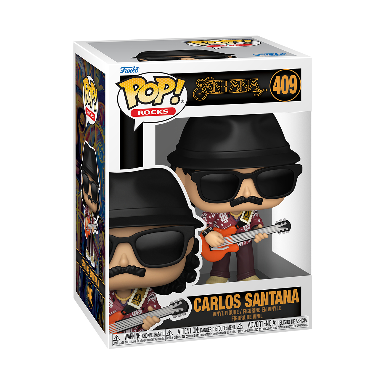Pudełko Funko Pop z Carlosem Santaną. Trzyma gitarę, ma czarny kapelusz i okulary przeciwsłoneczne.