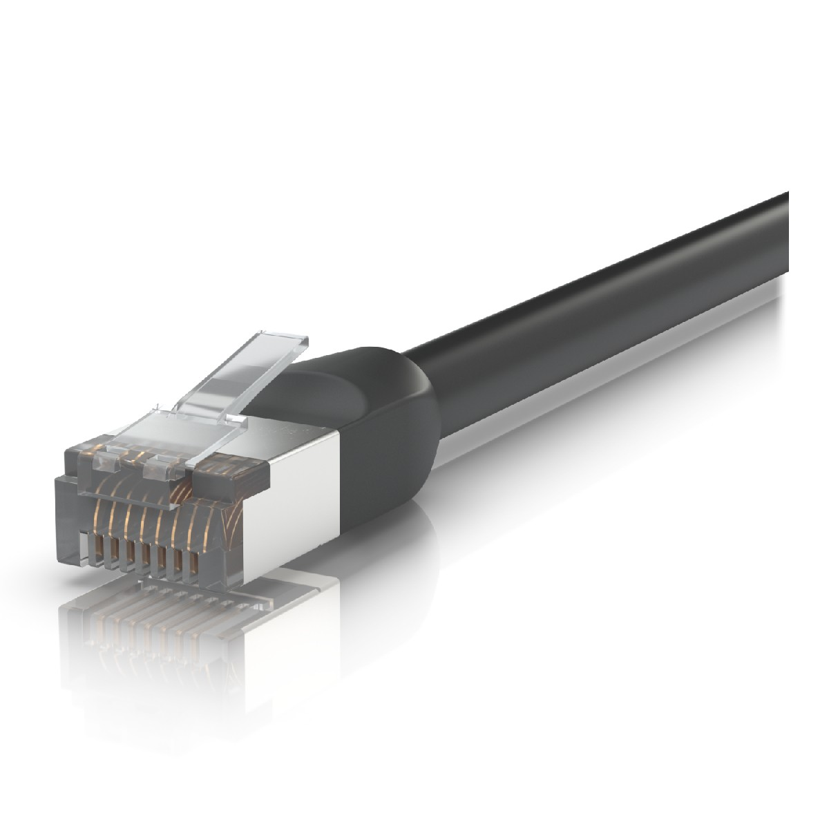 Primo piano del connettore del cavo Ethernet nero. Testa trasparente con pin dorati, che riflette la luce.