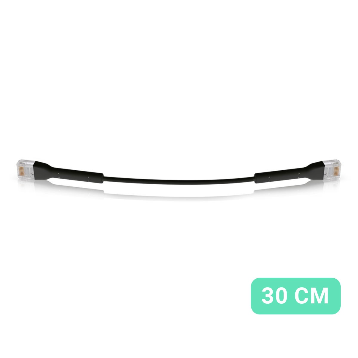 Cavo Ethernet nero con connettori. Un'etichetta verde con '30 CM' è in basso a destra.