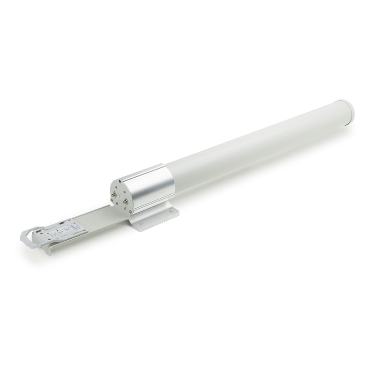White antenna with a metal base, on a white background. Cylindrical shape, angled shot.