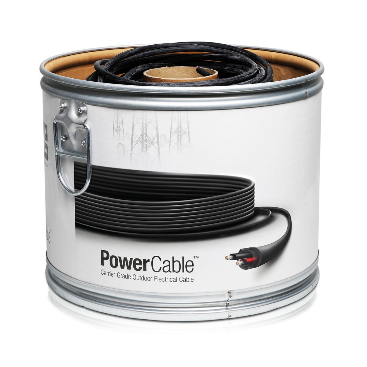 Un contenitore cilindrico contiene un cavo nero arrotolato con la scritta PowerCable. Sfondo bianco.