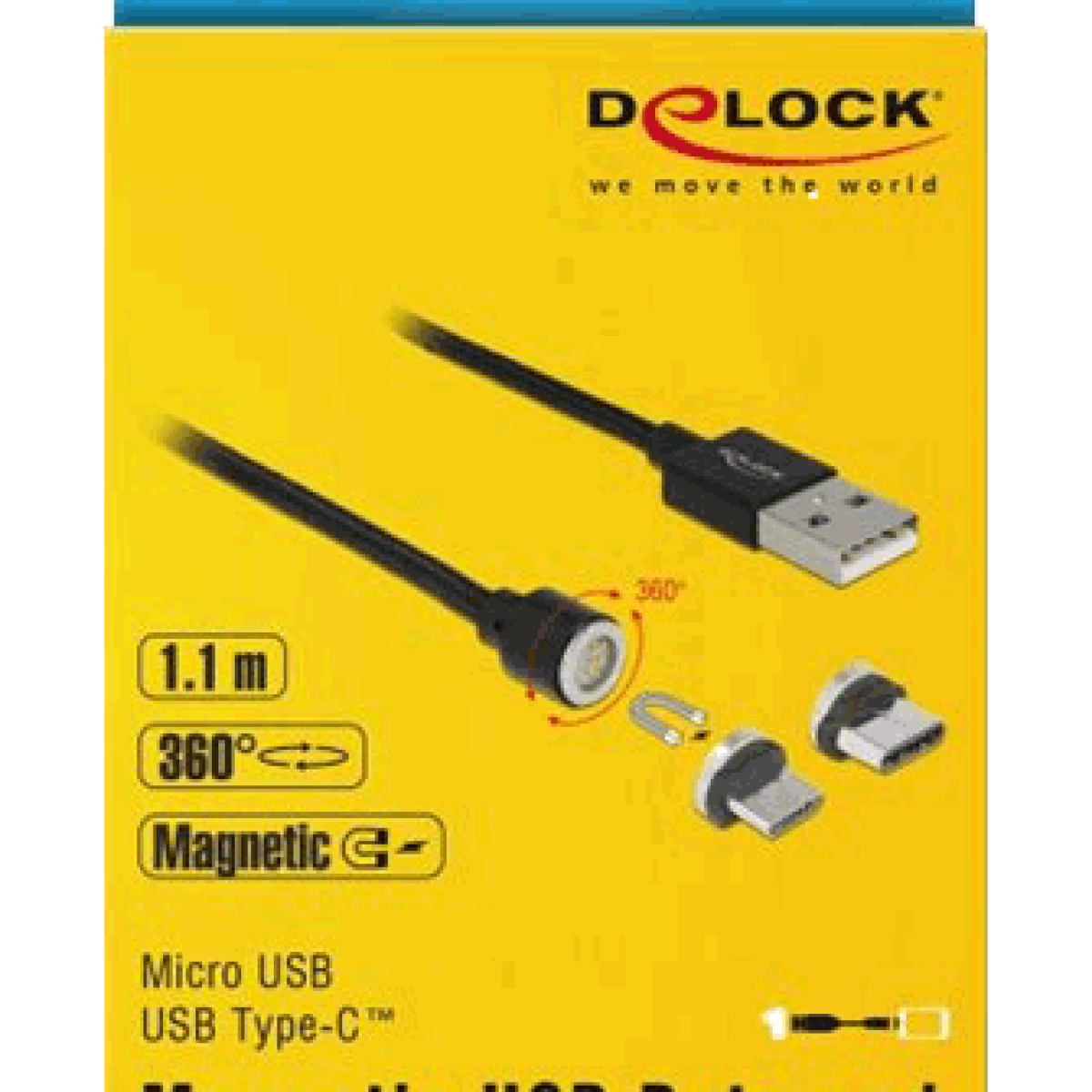Close-up van een zwarte USB-kabel met magnetische connector en USB Type-C.