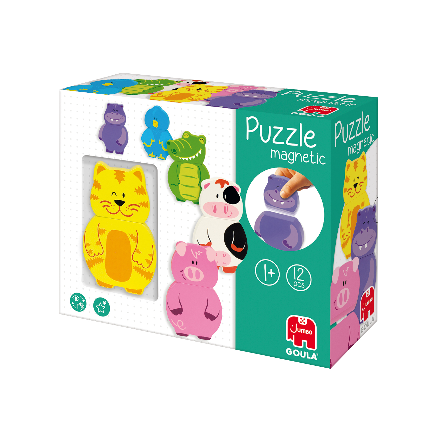 Pudełko z puzzlami z magnetycznymi kształtami zwierząt. Zwierzęta to kot, krowa, świnia, hipopotam i krokodyl.