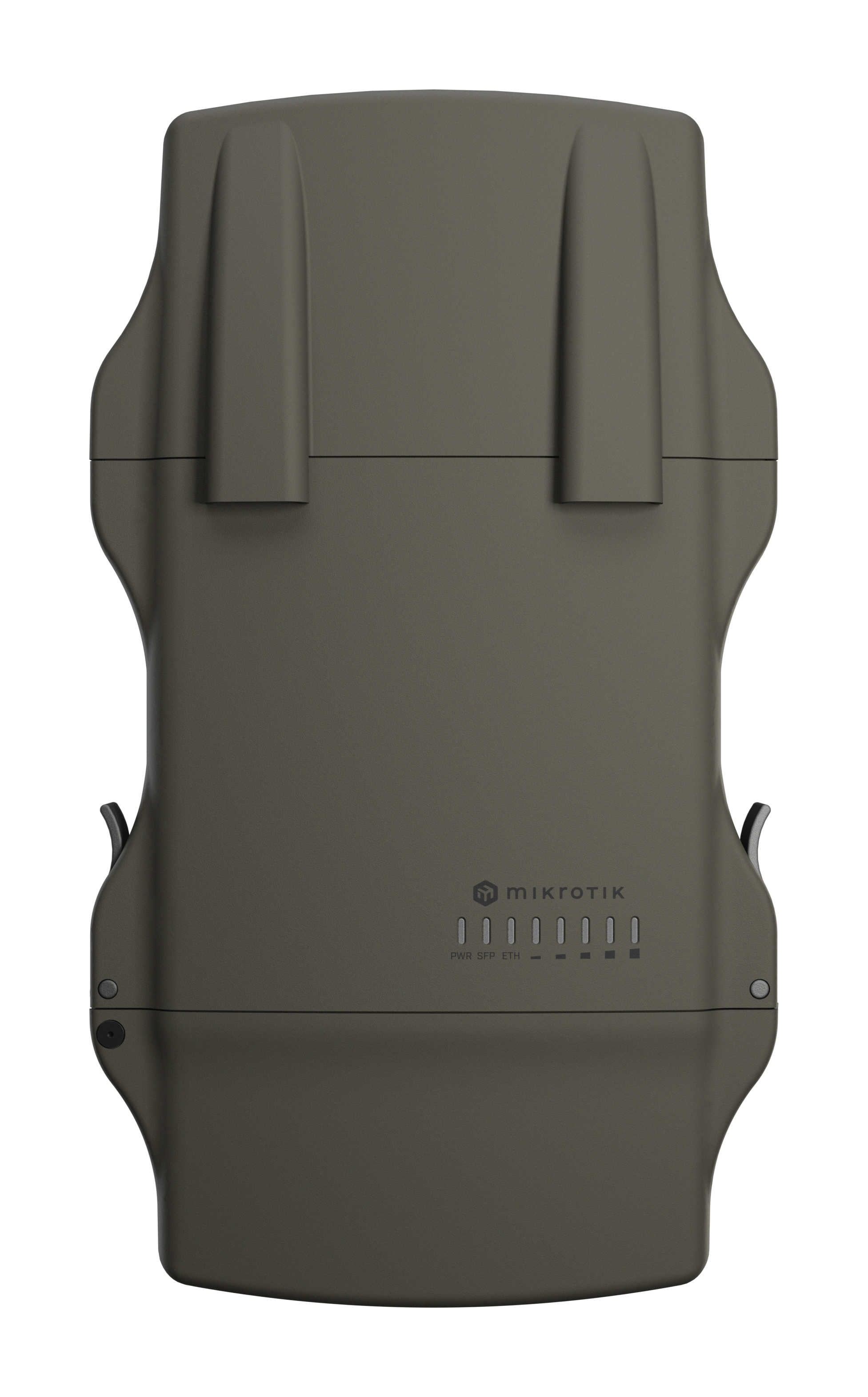 Zielono-szare prostokątne urządzenie. Ma kilka małych świateł na dole i logo z przodu.