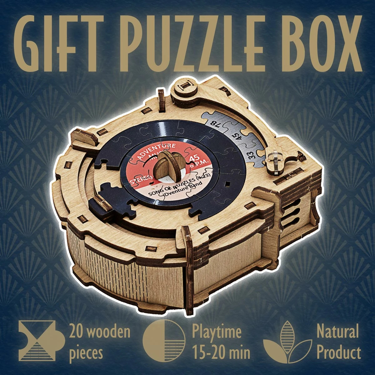 Scatola puzzle regalo in legno con design giradischi vintage. C'è un puzzle all'interno della scatola.