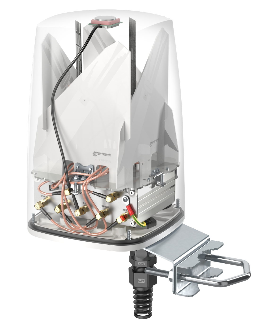Białe urządzenie antenowe z przezroczystą osłoną, zamontowane na metalowym wsporniku z widocznymi kablami.