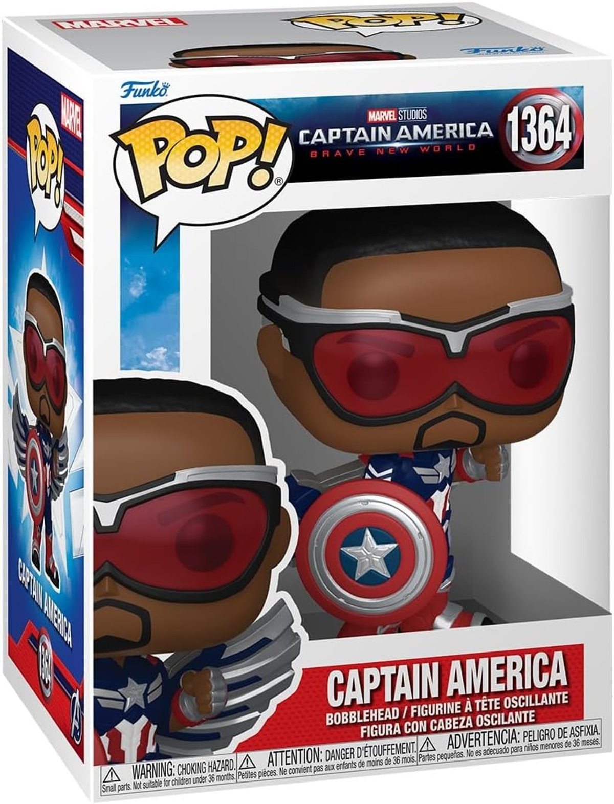 Una figura Funko Pop de Capitán América. Sostiene su escudo y una caja blanca está detrás de él.