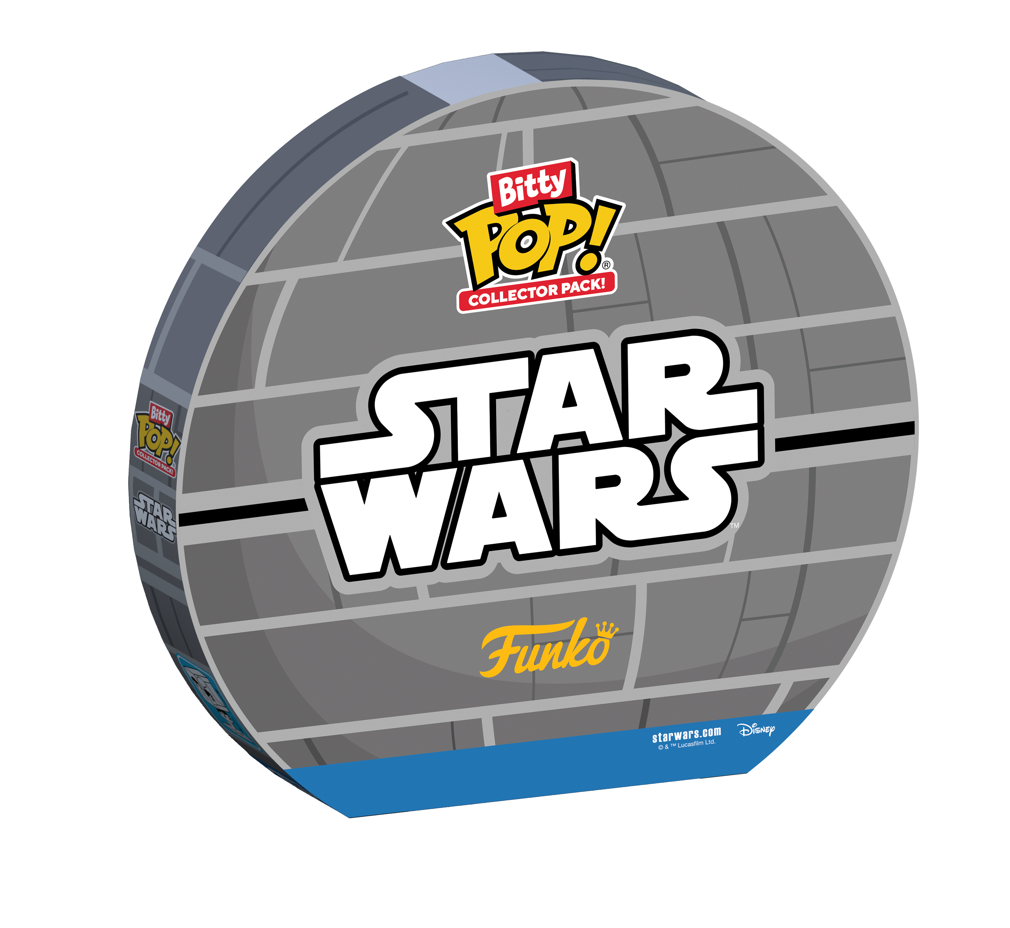 Una scatola rotonda con un design di Star Wars, etichettata con il logo Funko Pop! e Disney.