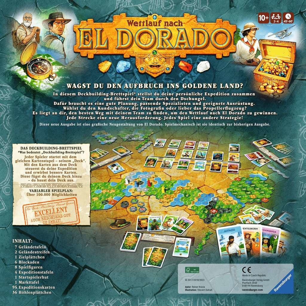 Spielbox mit Karte, Illustrationen und Text, die ein Deck-Building-Brettspiel "El Dorado" bewirbt.