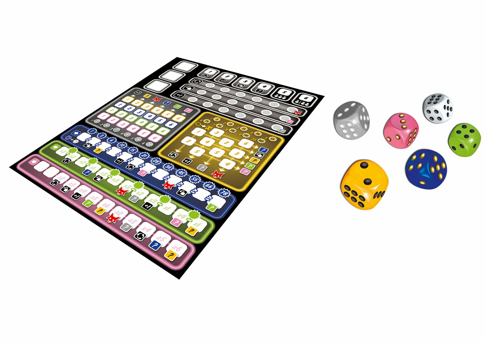 Elementy gry planszowej: kolorowe kostki i kartonowe elementy ze symbolami gry.