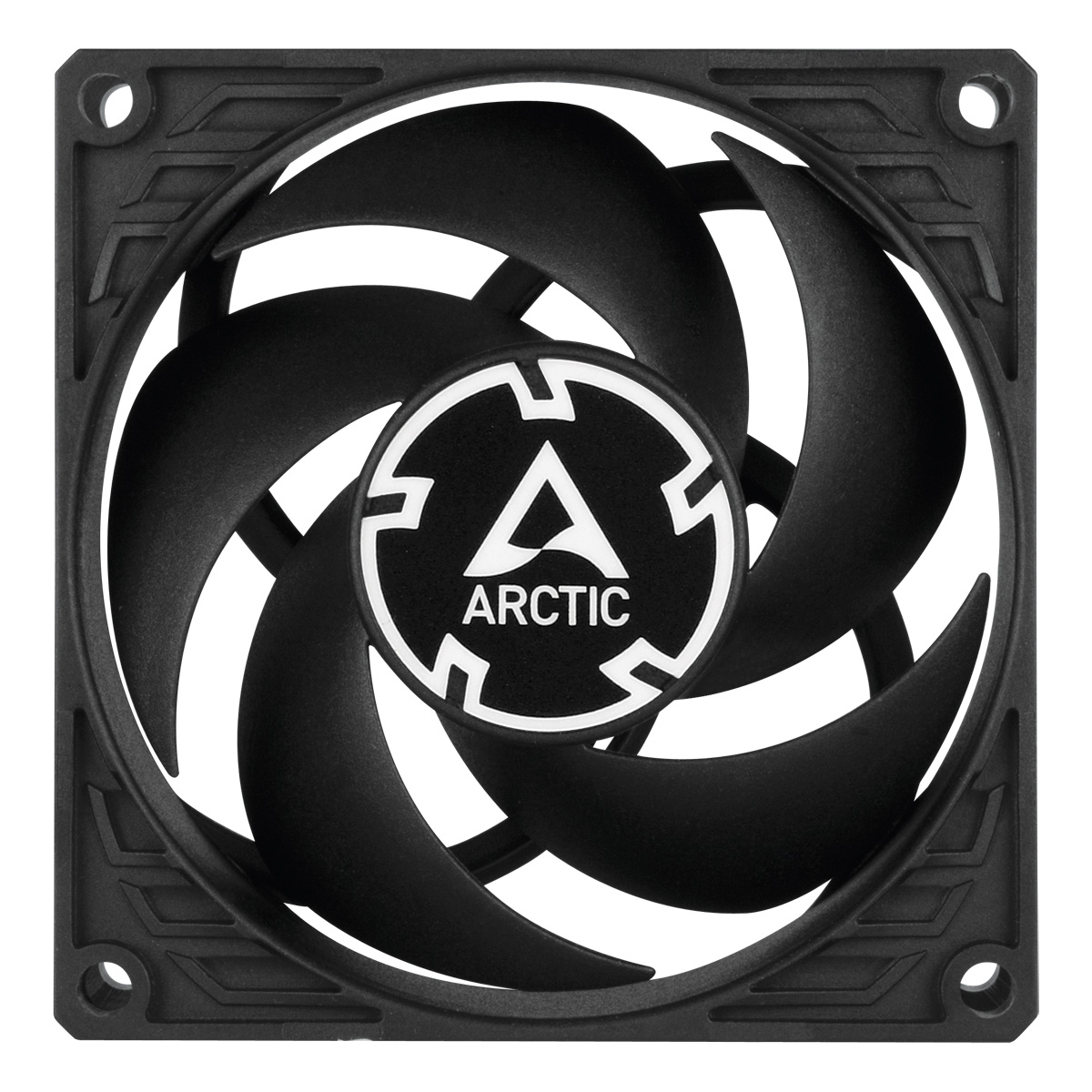 Schwarzer Computerlüfter mit sieben gebogenen Flügeln und einem zentralen Logo mit dem Wort "ARCTIC" in Weiß.