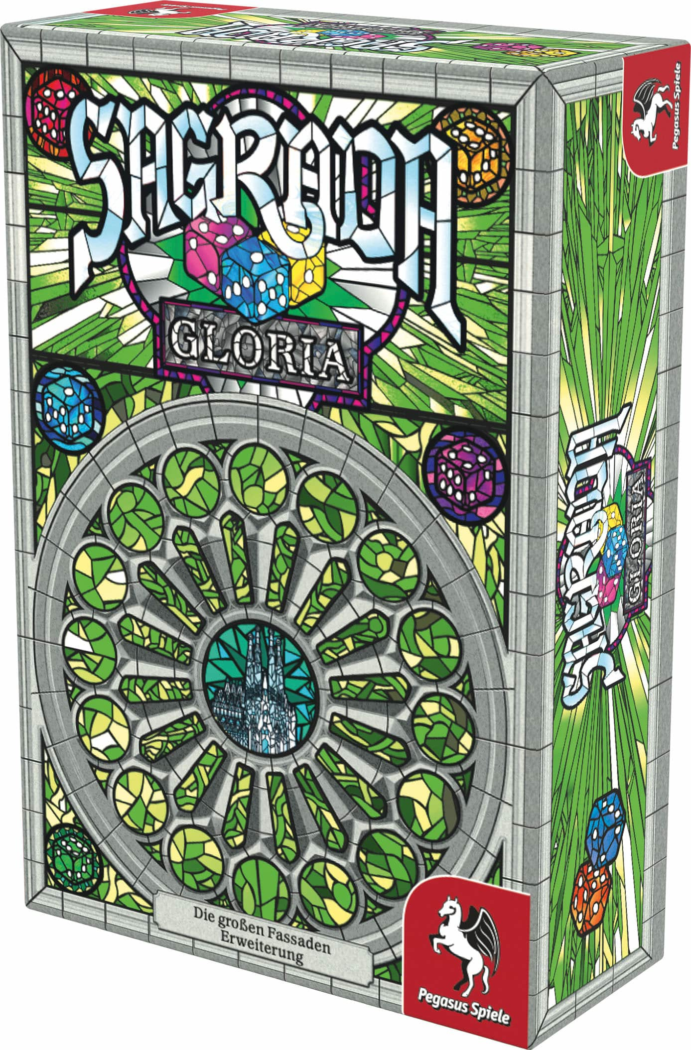 Schachtel des Sagrada-Spiels, grüne und weiße Buntglaskunst. Würfel und eine Kirche sind im Design. Pegasus Spiele Logo.