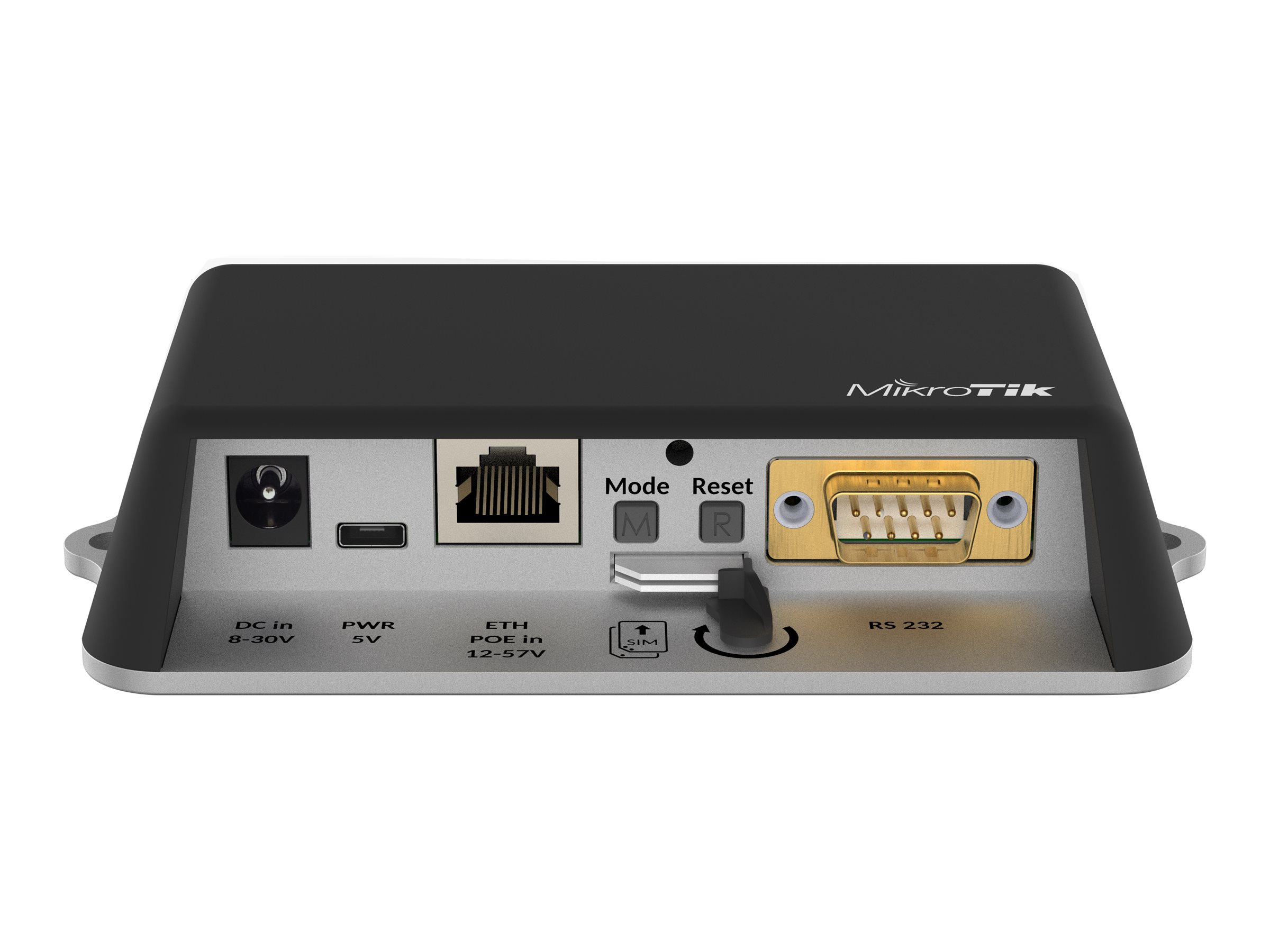 Un dispositivo di rete nero e argento con porte e punti di connessione etichettati, tra cui RS 232 ed Ethernet.