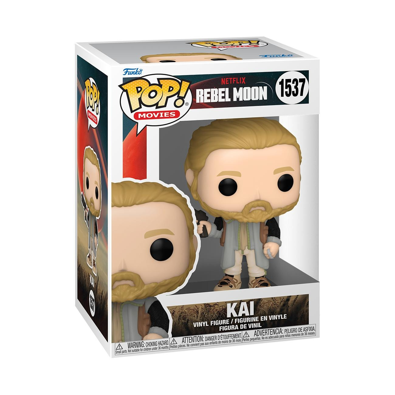 Figurka Funko Pop Kai z filmu Rebel Moon. Figurka jest w pudełku, pokazując szczegóły postaci.