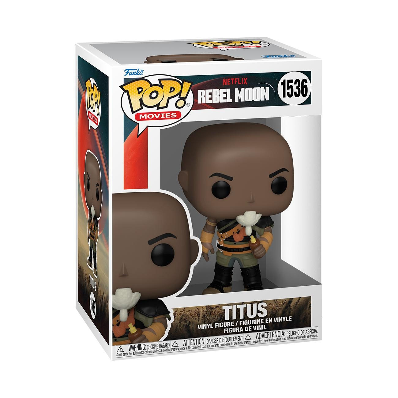 Figurka Funko Pop Titus z filmu Rebel Moon. Figurka jest w pudełku, pokazując szczegóły postaci.