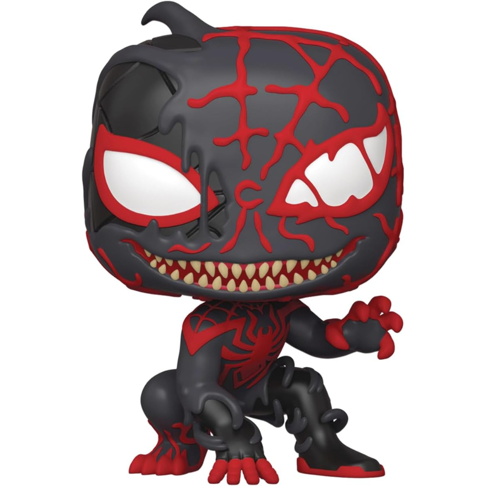 Figurka Funko Pop wariantu Venomized Spider-Man, z czerwonymi i czarnymi detalami. Figurka jest w dynamicznej pozie.