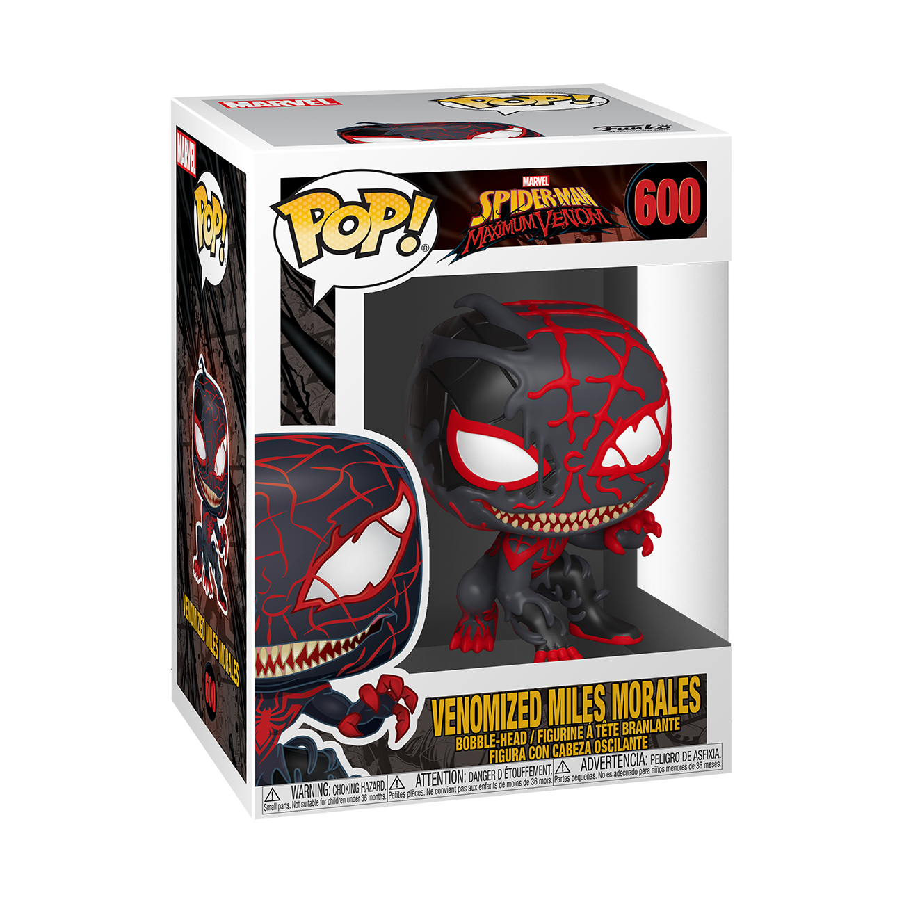 Figurka Funko Pop Venomized Miles Morales, w pudełku. Figurka jest czarna i czerwona, w dynamicznej pozie.