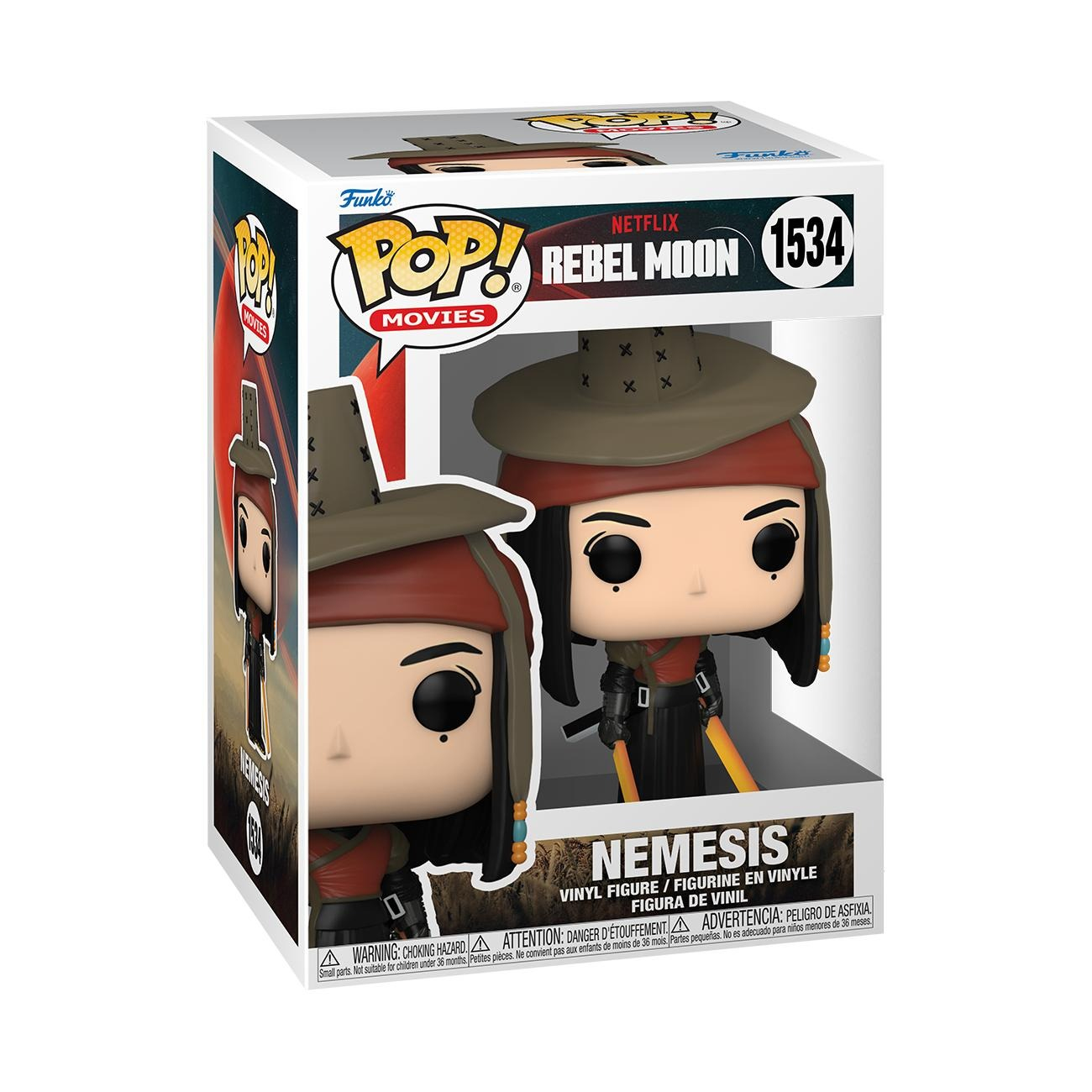 Pudełko Funko Pop przedstawia figurkę Nemesis z Rebel Moon. Figurka ma piracki kapelusz i dwa miecze.