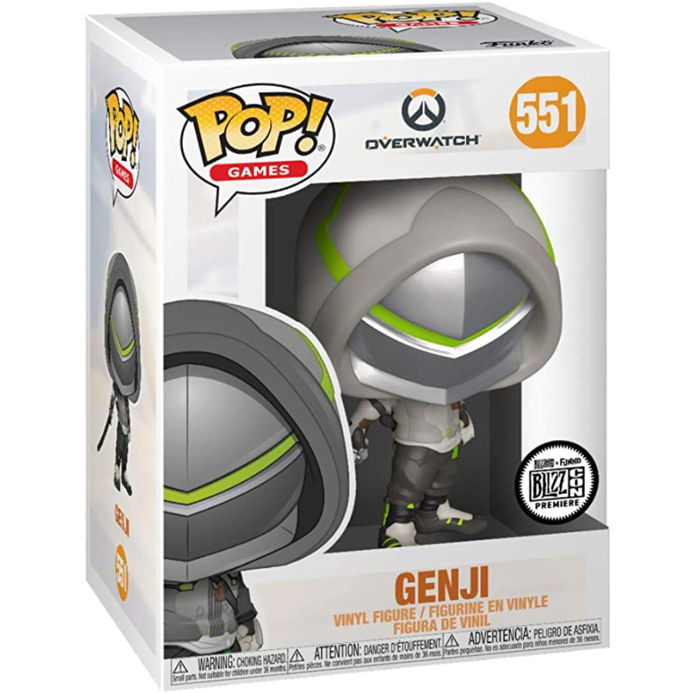 Figurka Funko Pop! Genjiego z Overwatch. Figurka jest w pudełku. Figurka ma hełm z zielonymi akcentami.