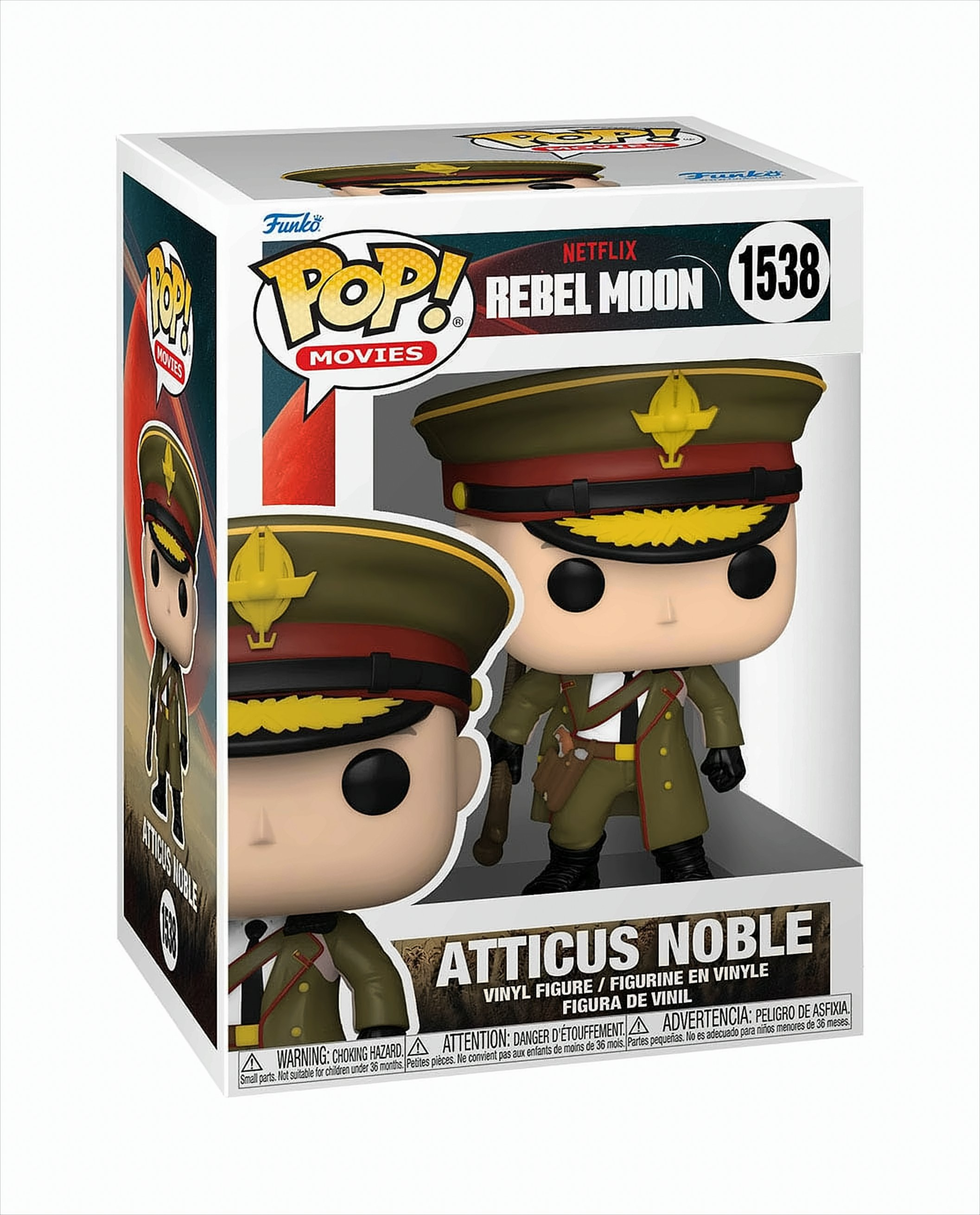 Figurka Funko Pop! Atticus Noble w pudełku. Nosi mundur w stylu wojskowym z czapką i pistoletem.