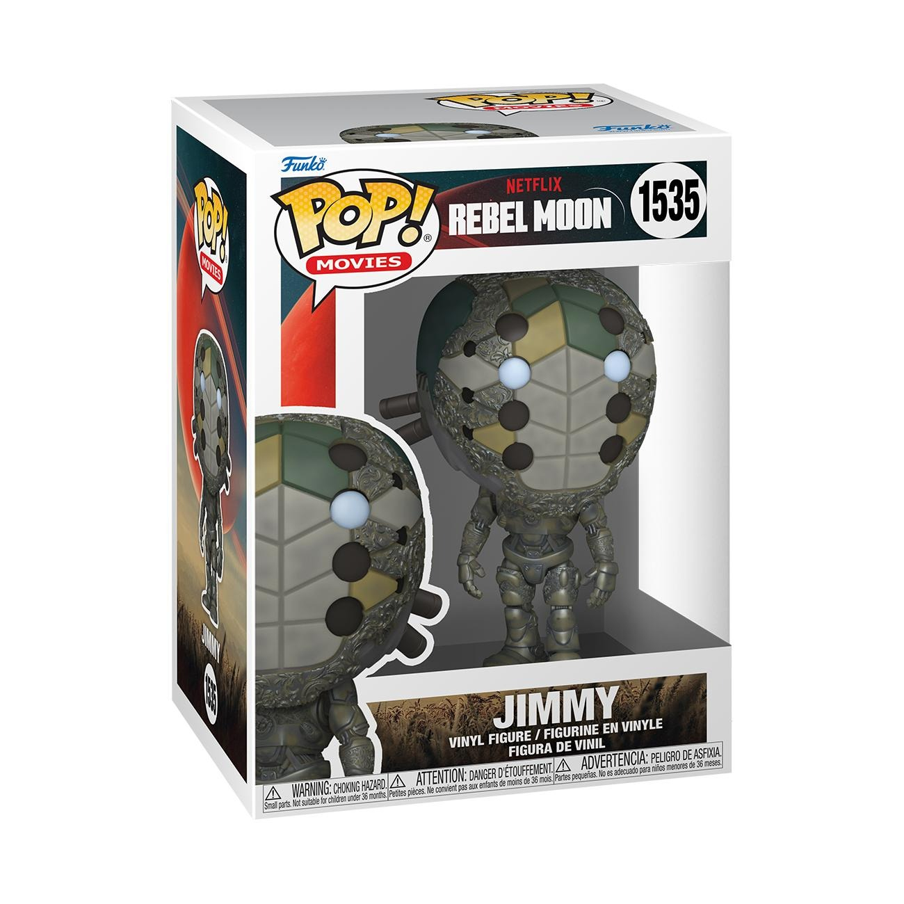 Figurka Funko Pop! robota Jimmy'ego z Rebel Moon. Jest w pudełku. Robot ma okrągłą głowę z różnymi detalami.