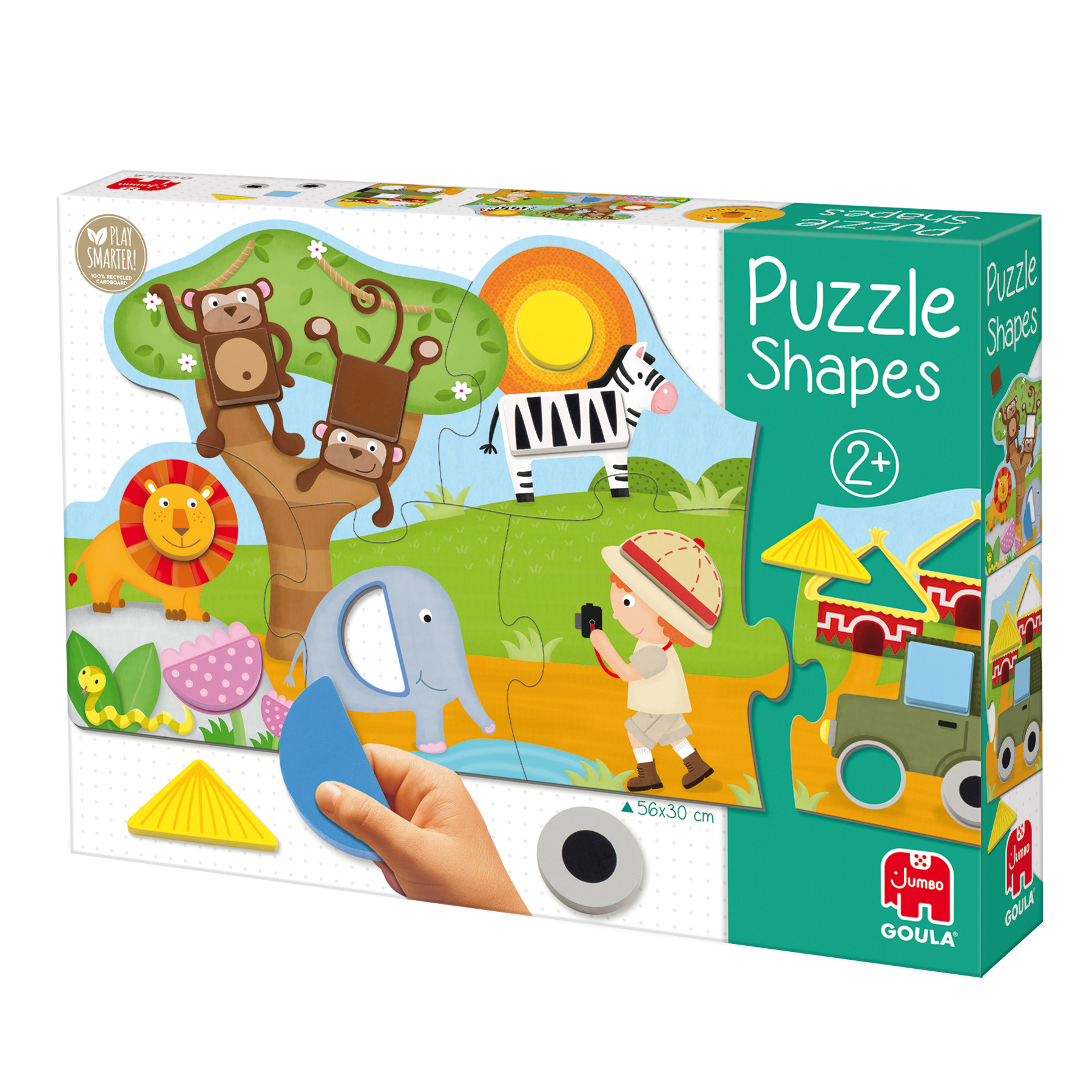 Puzzle z kształtami zwierząt. Zebra, lew, małpy, słoń. Chłopiec robi zdjęcie. Słońce i samochód.