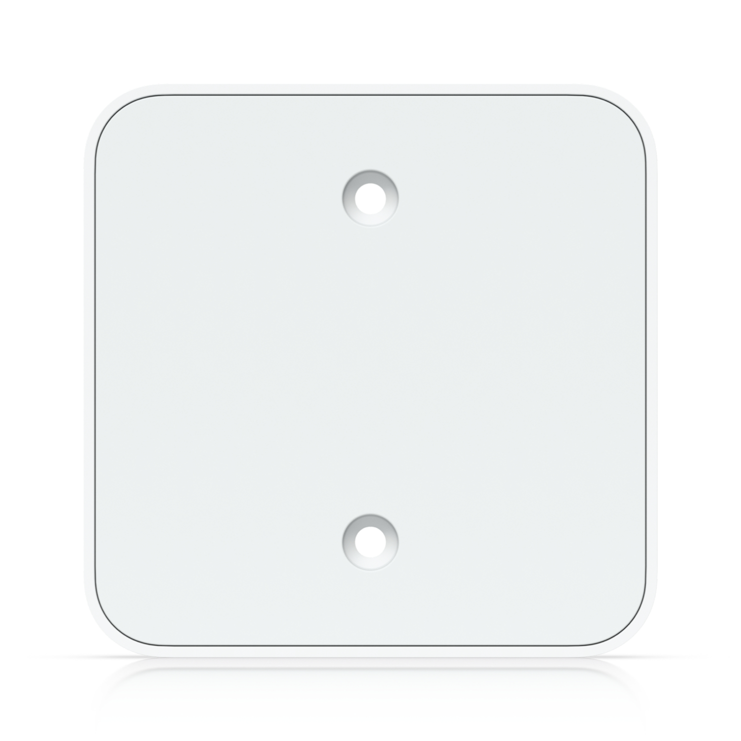 Una placca di copertura quadrata bianca con due fori, su sfondo bianco.