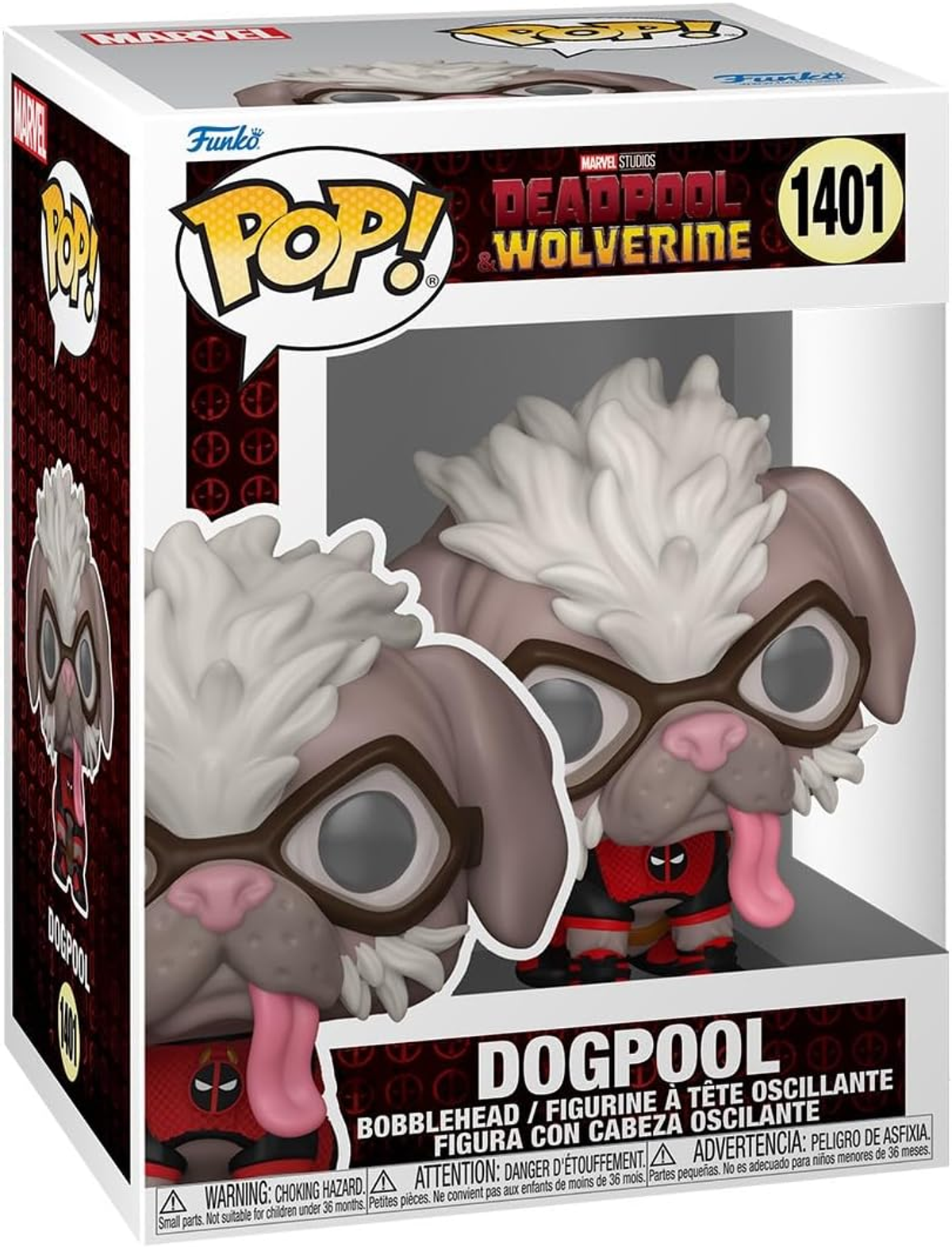 Una figura de Funko Pop! de Dogpool, un personaje canino, en una caja con detalles del producto.
