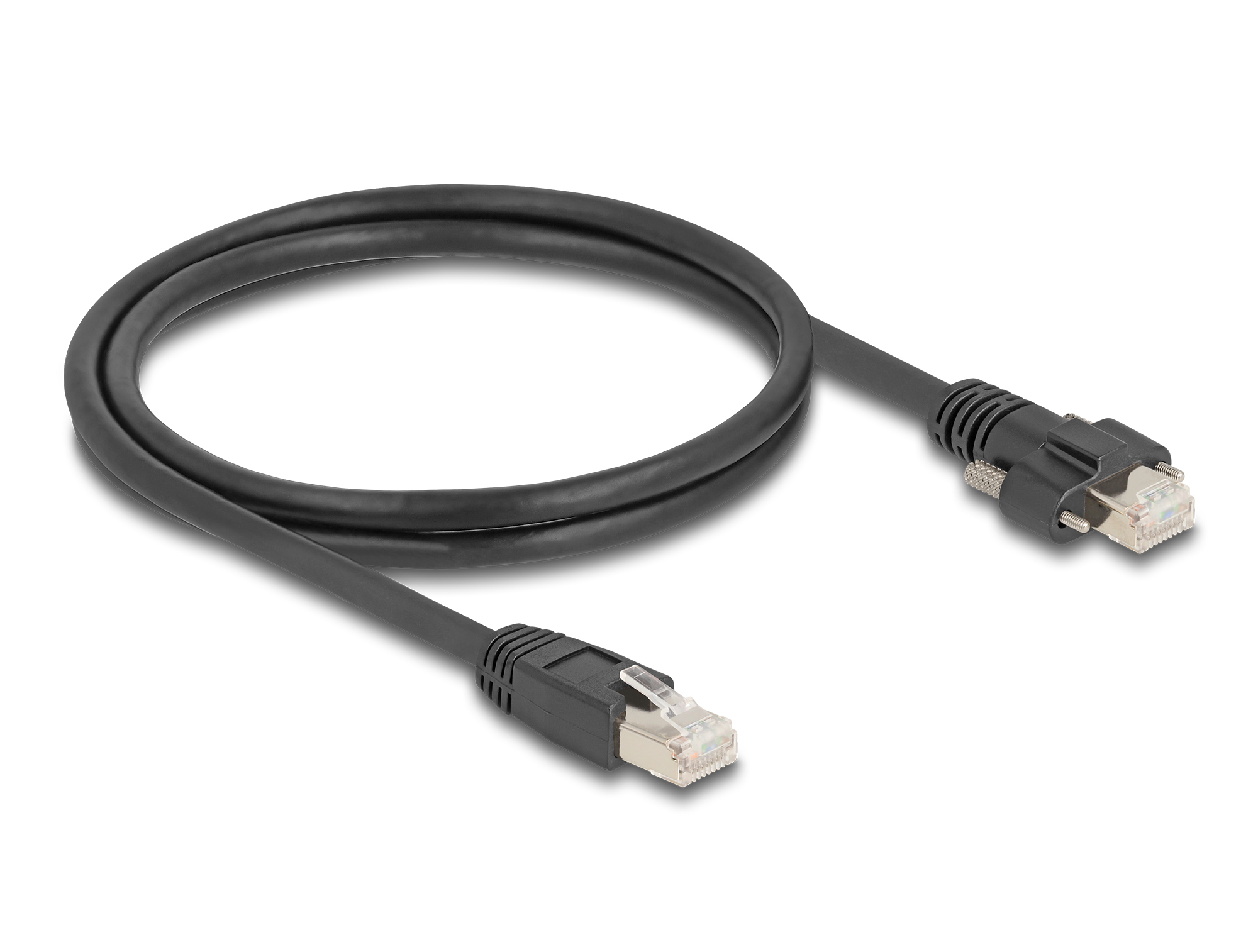 Cavo di rete nero con connettori, forma curva. Sfondo bianco.