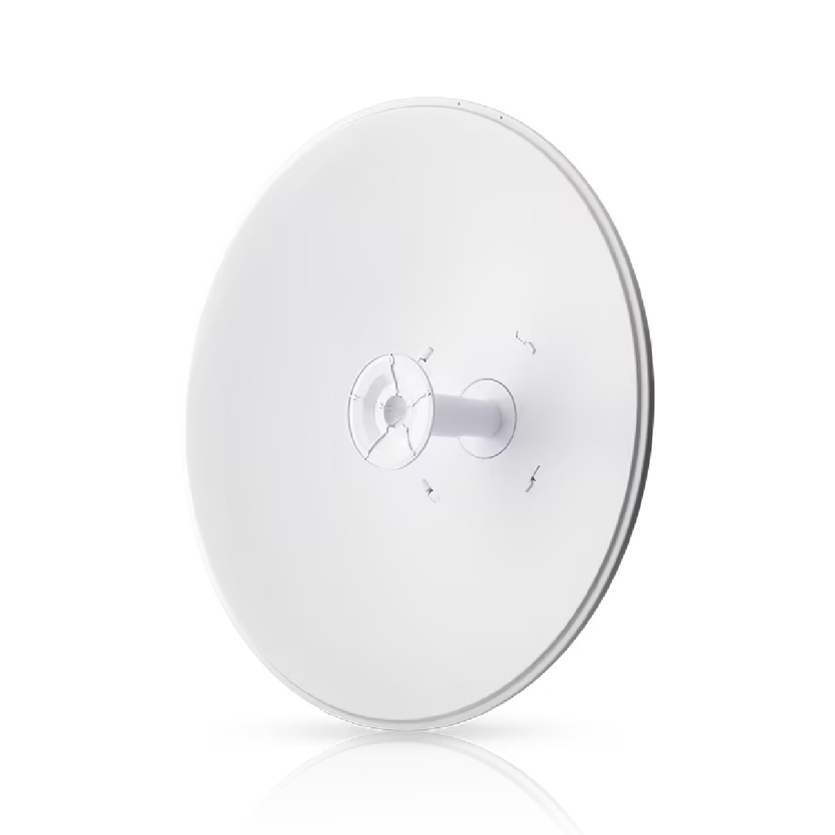 Antena circular blanca con un cubo central y brazos de soporte. Fondo blanco.