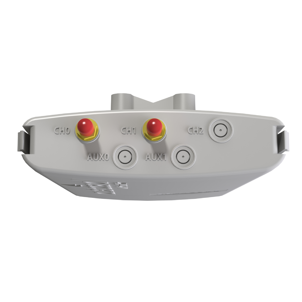 Dispositivo gris con puertos y conectores rojos/amarillos. Vista superior en superficie blanca.