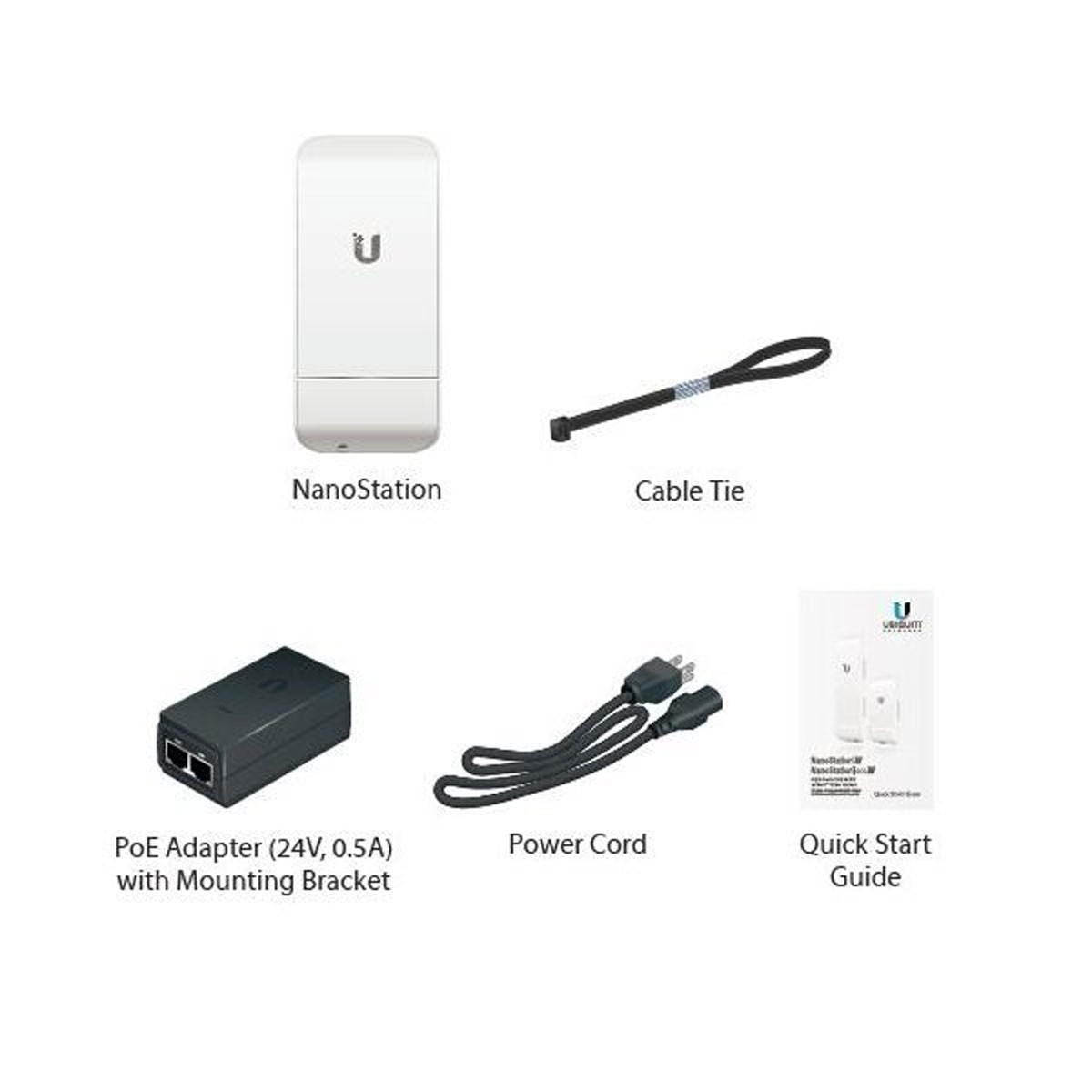 Vari accessori di rete, tra cui una NanoStation, un adattatore PoE e un cavo di alimentazione, con etichette.