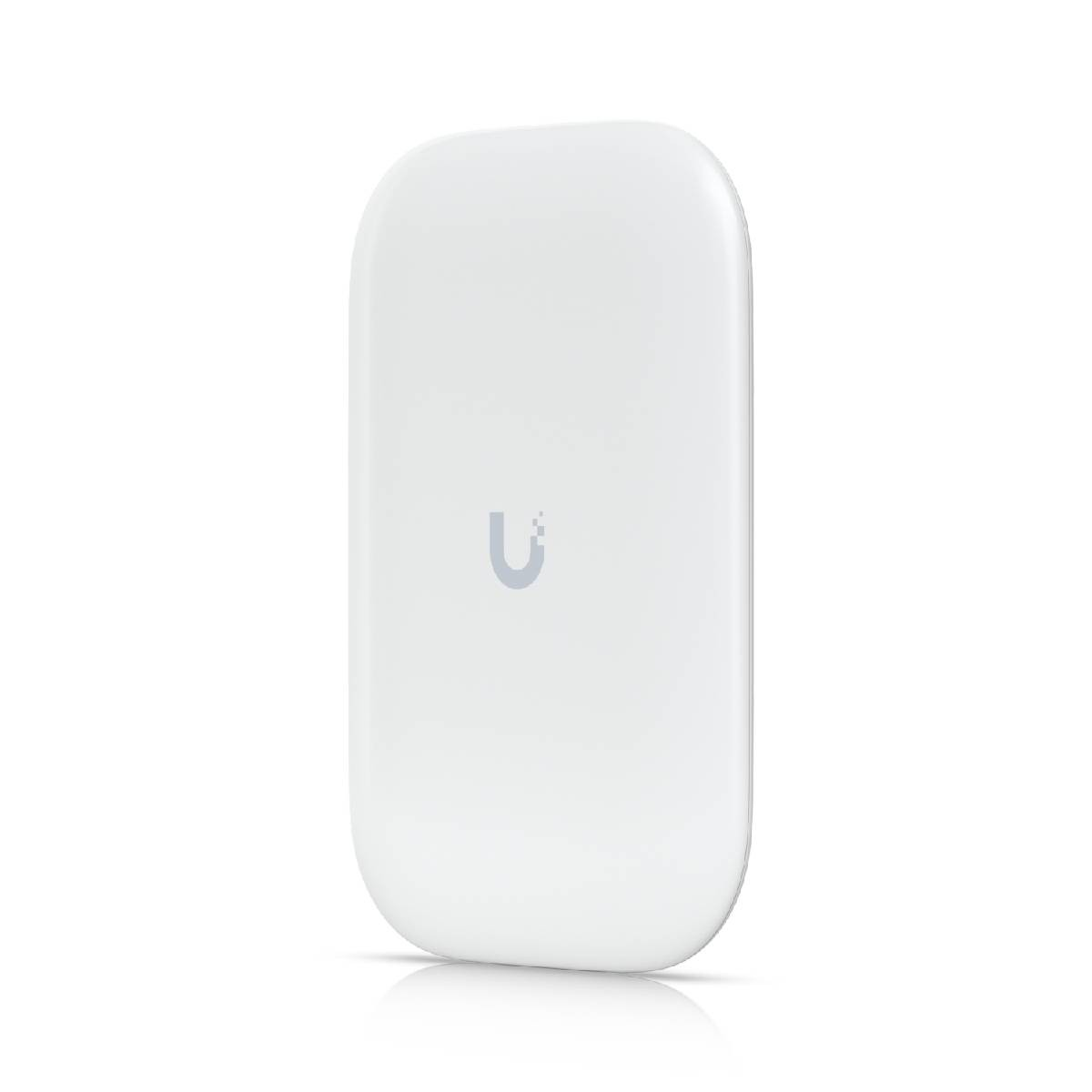 Białe kwadratowe urządzenie z zaokrąglonymi rogami i logo U, na białym tle.