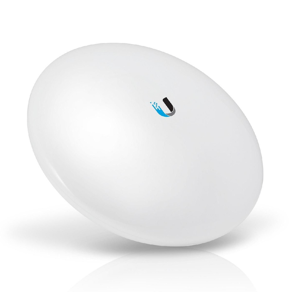 Dispositivo punto di accesso bianco e rotondo con un logo discreto, progettato per la connettività di rete wireless.