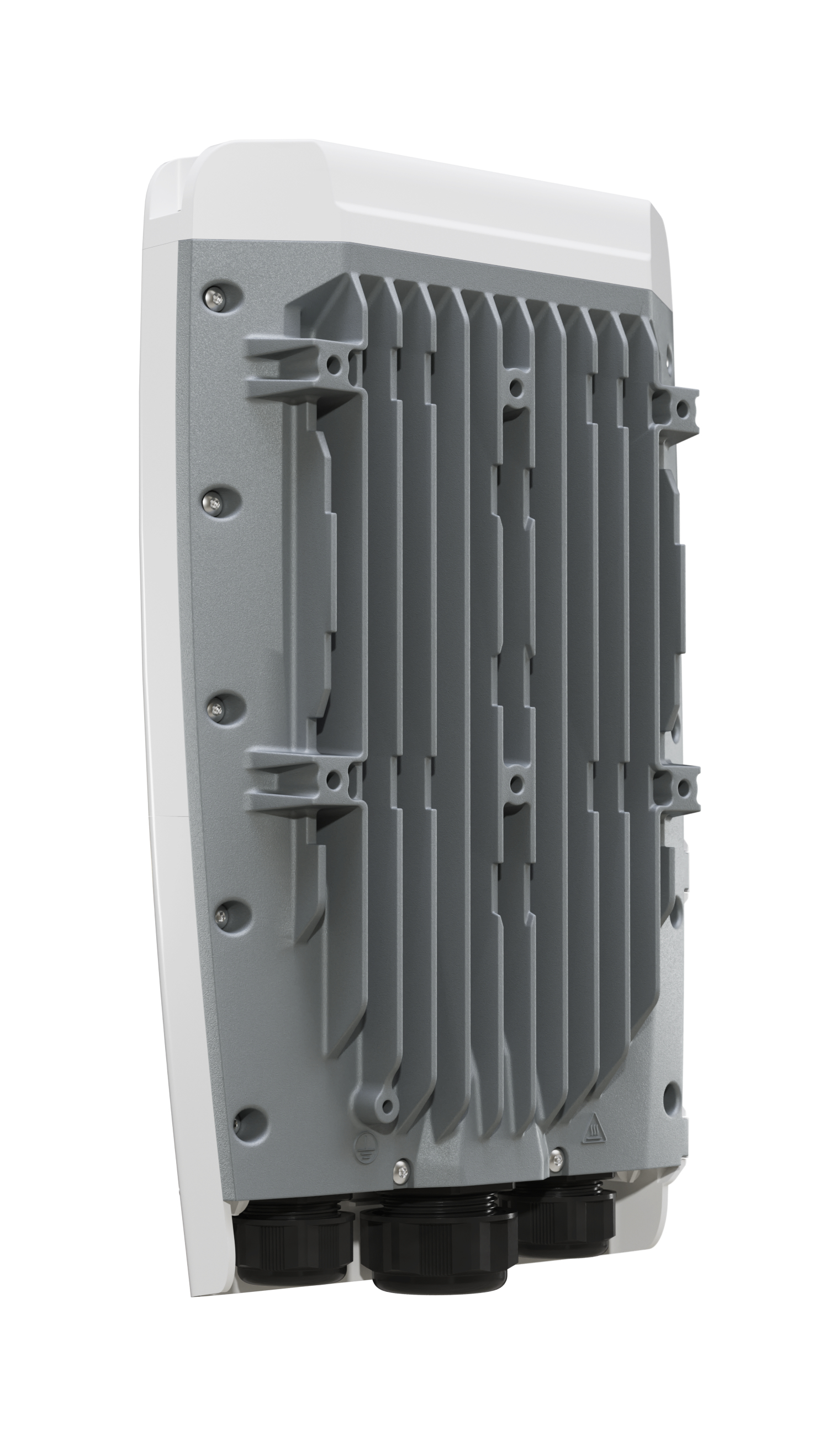 Widok z boku białego urządzenia z szarym radiatorem, pokazujący śruby i porty na dole.