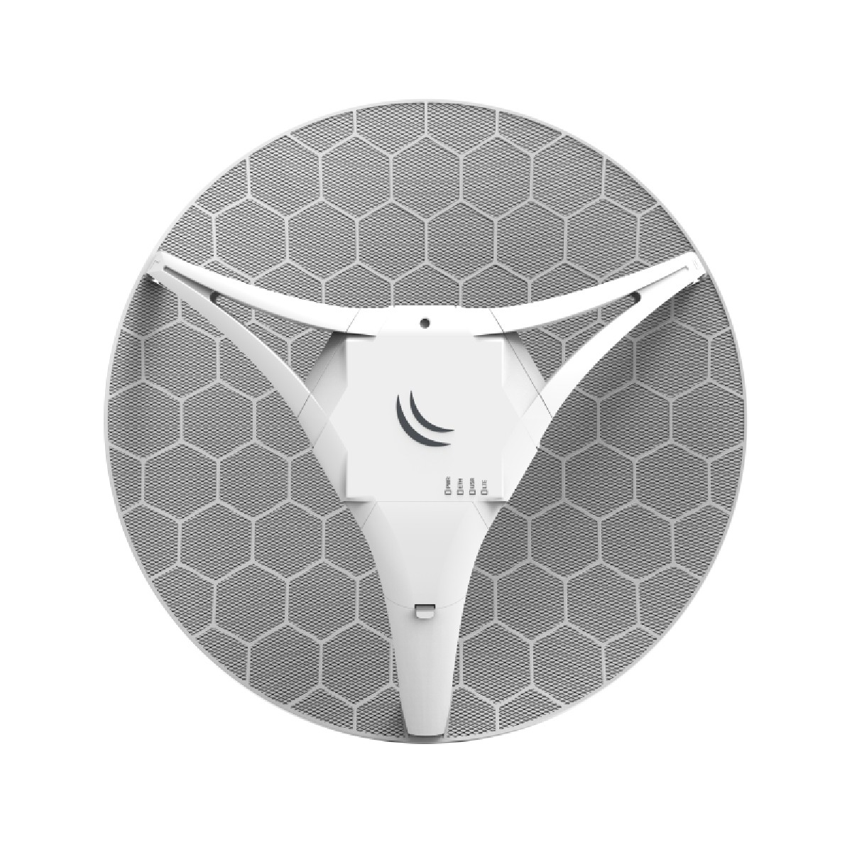 Antenna bianca circolare con un motivo a nido d'ape, con una struttura di supporto a forma di Y e marchio del dispositivo.