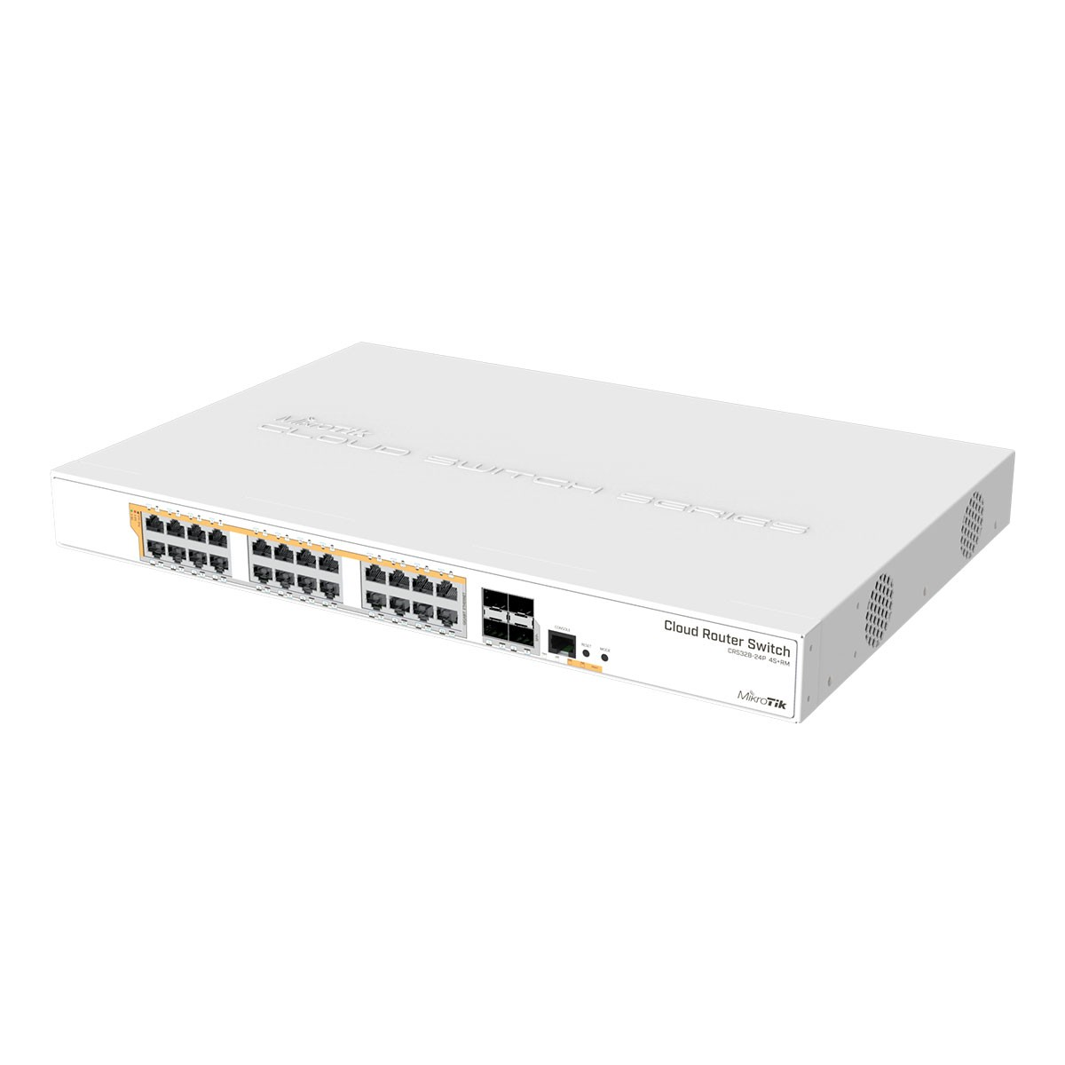 Perspektywiczny widok białego przełącznika Cloud Router Switch z wieloma portami Ethernet i SFP do łączności sieciowej.