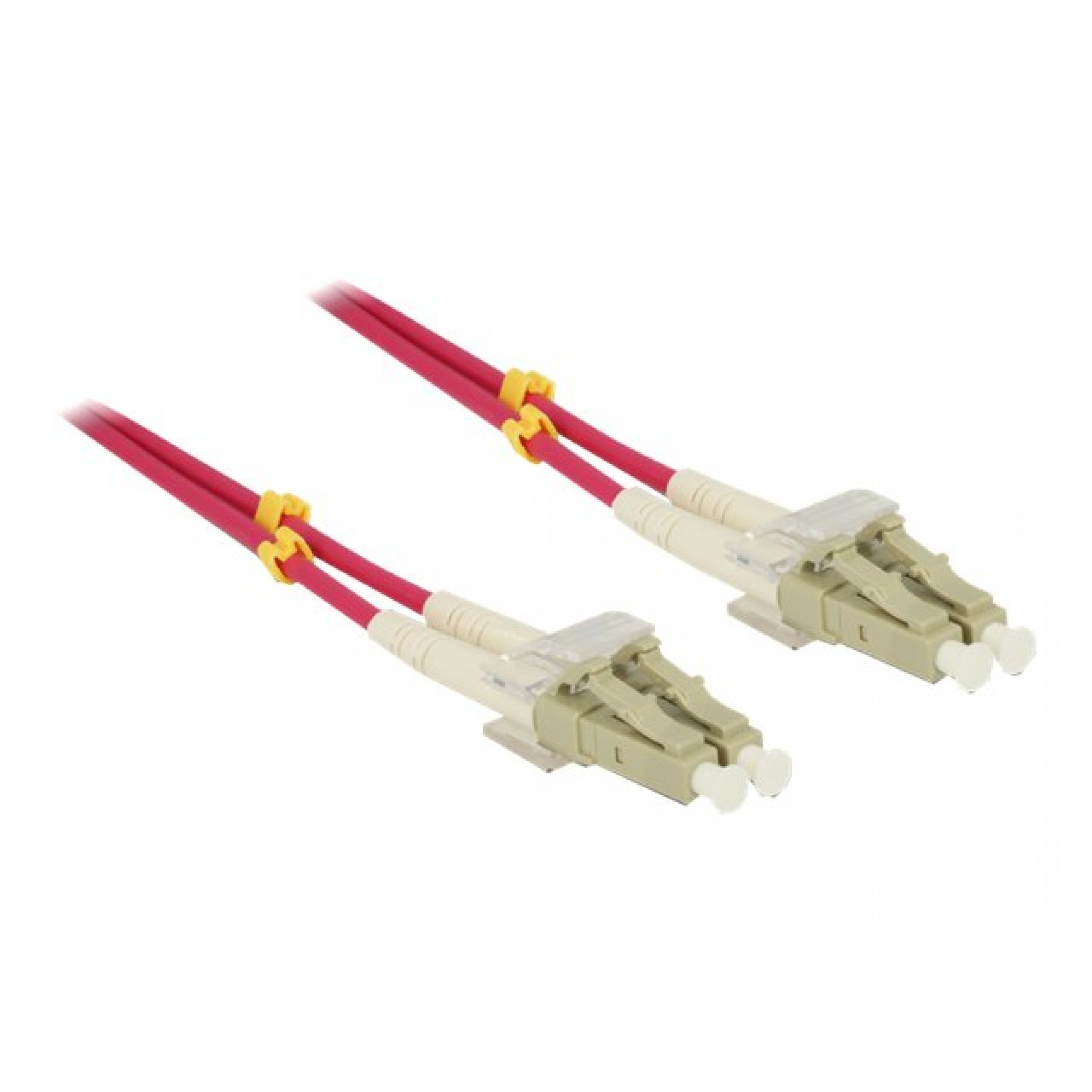 Due cavi in fibra ottica rossi e bianchi con connettori, utilizzati per la trasmissione di dati ad alta velocità.