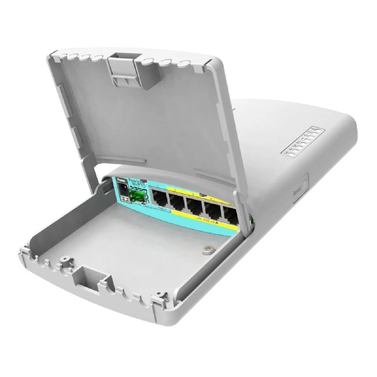 Dispositivo bianco aperto con porte, che mostra i suoi componenti interni e le opzioni di connettività.