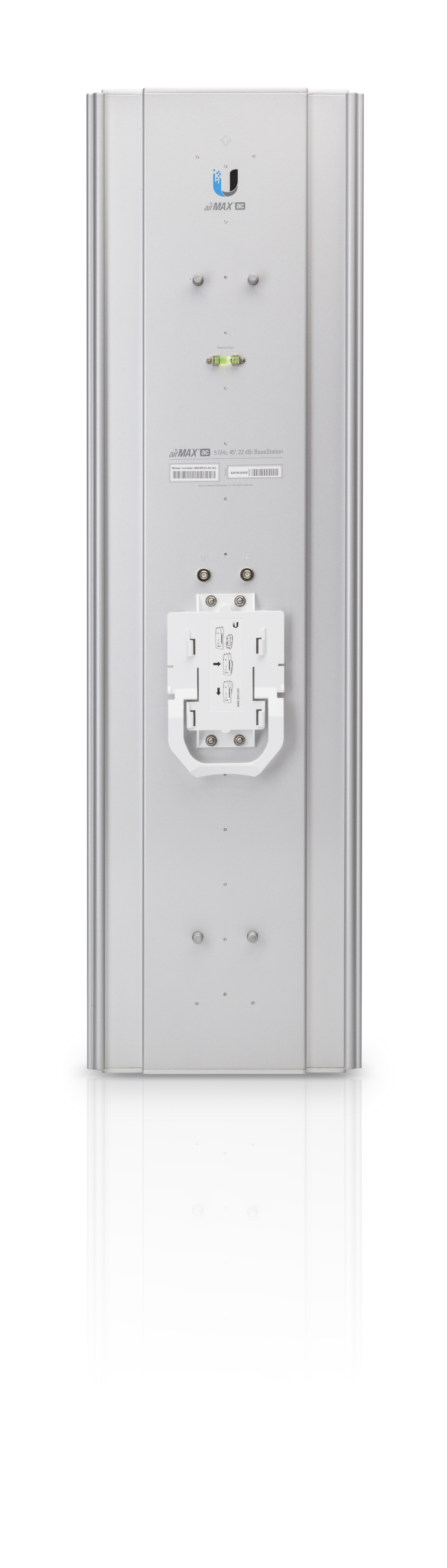 Białe urządzenie Ubiquiti z logo i tekstem na tylnej stronie. Ma prostokątny kształt. Tło jest białe.