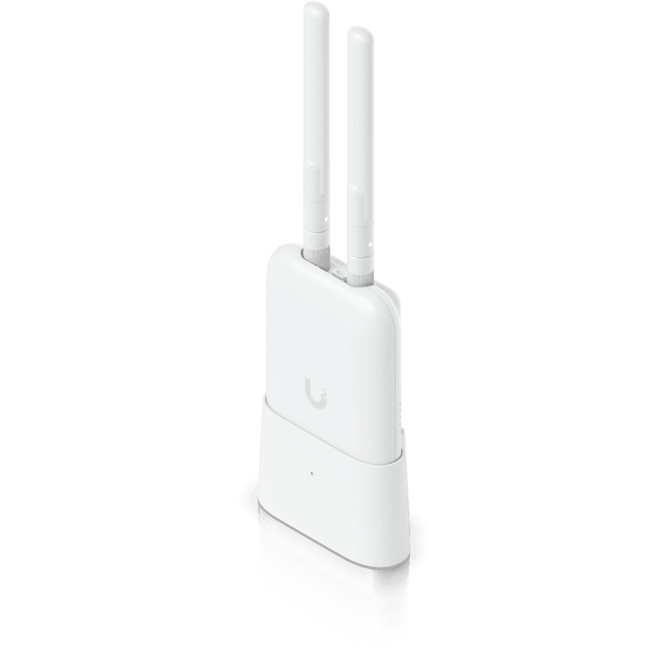 Dispositivo bianco con due antenne e un supporto. Su sfondo bianco.