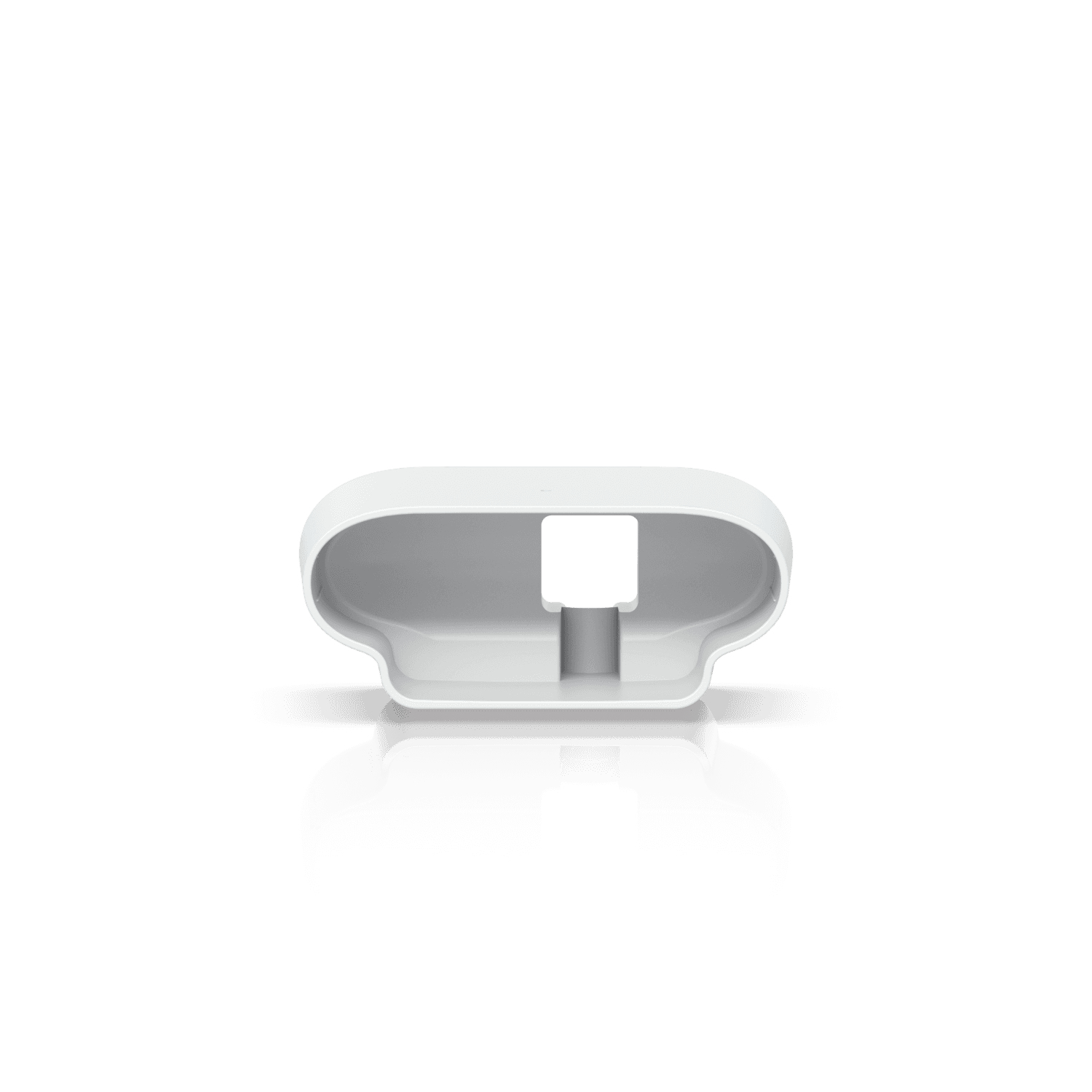 Dispositivo bianco ovale con apertura rettangolare centrale, su sfondo bianco.