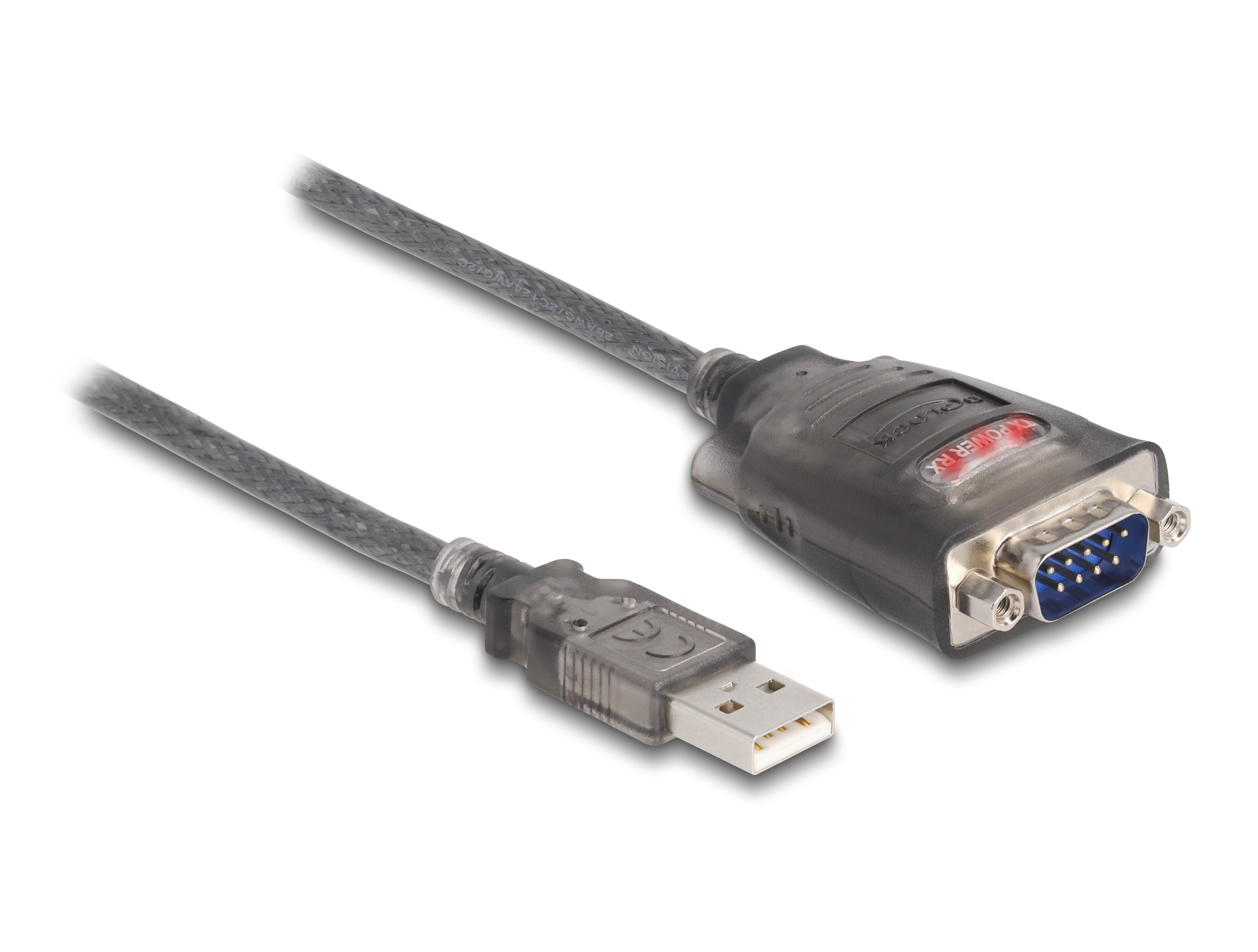 Cavo da USB a seriale nero e grigio. Ha un connettore USB e un connettore seriale.