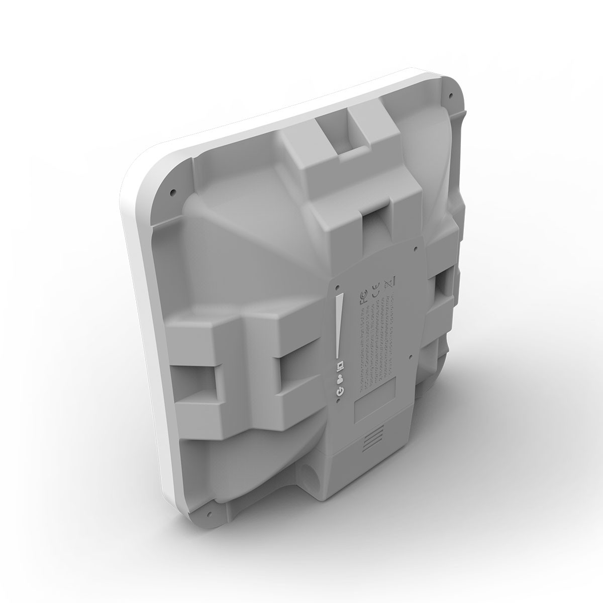Biała tylna część urządzenia o unikalnym kształcie. Posiada etykietę i porty śrubowe.