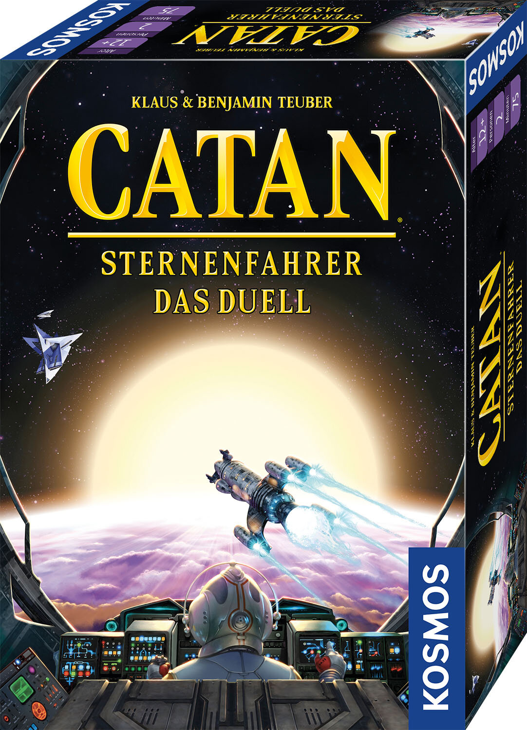 Caja del juego de mesa Catan, que representa una nave espacial y un planeta. El fondo es el espacio. La caja es detallada.