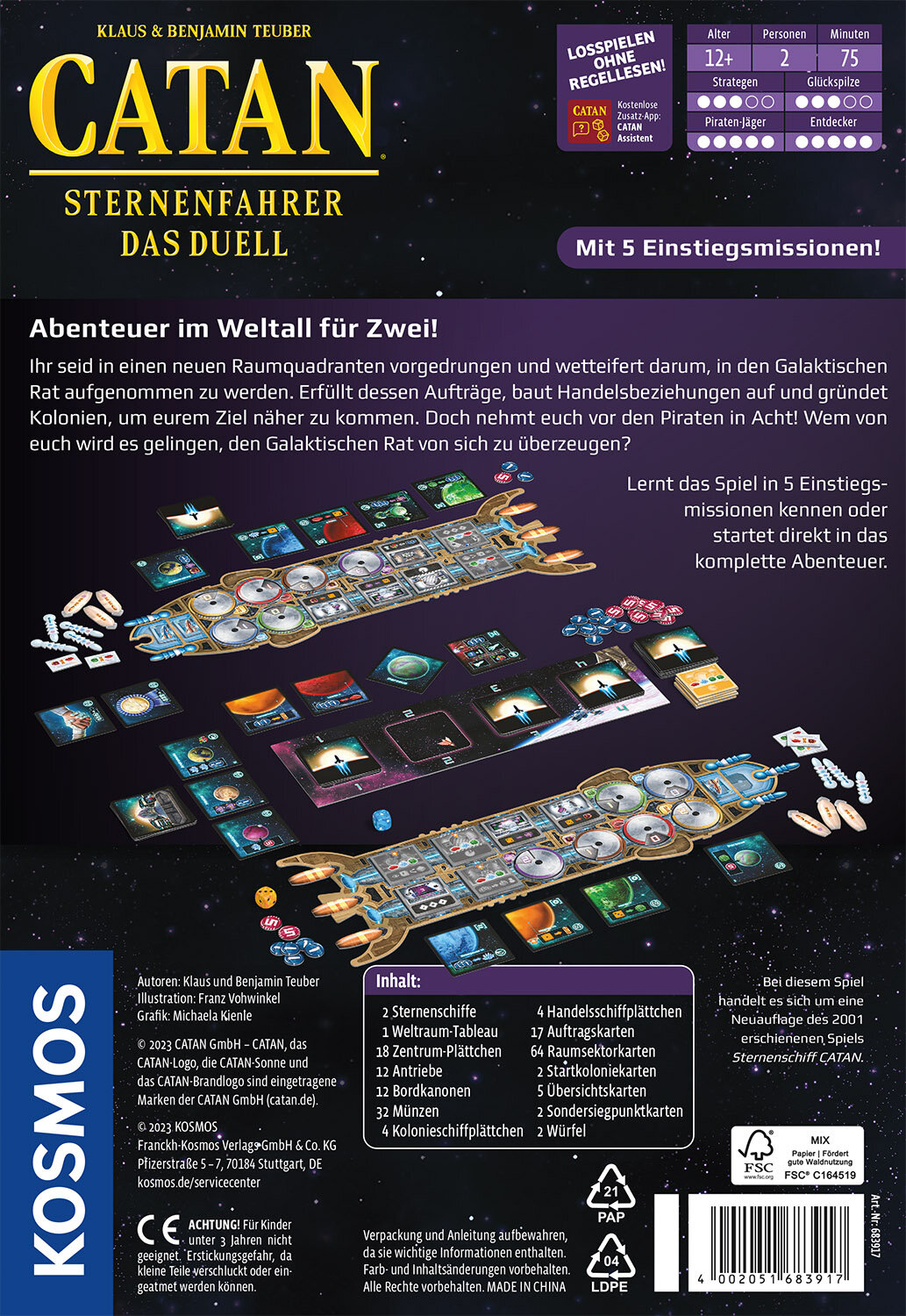 Parte trasera de una caja de juego de mesa Catan. Muestra piezas del juego e información. El fondo es blanco.