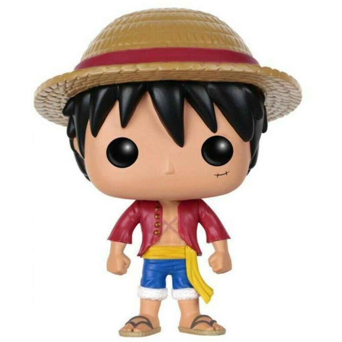 Eine Funko Pop Figur von Luffy aus One Piece. Er trägt einen Strohhut und ein rotes Hemd. Der Hintergrund ist weiß.