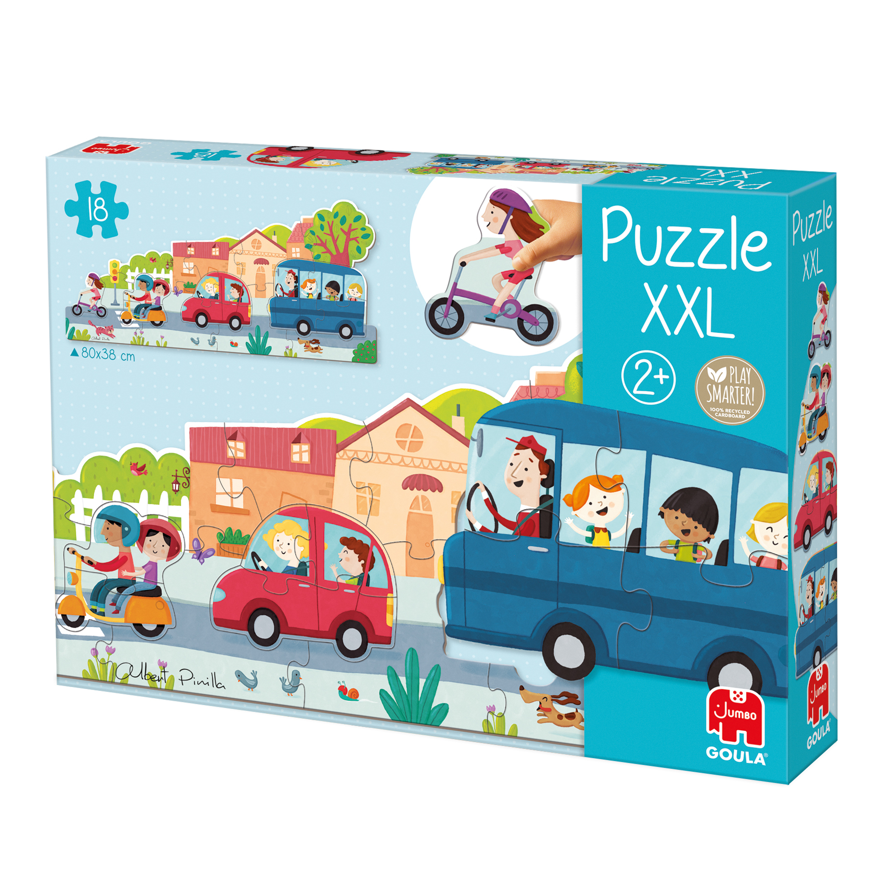Puzzeldoos met kinderen die voertuigen besturen, waaronder auto's, scooters en een bus.