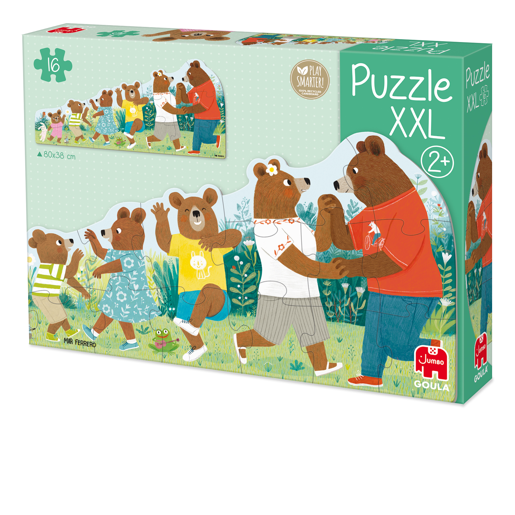 Puzzeldoos met beren die dansen en spelen, met een groene achtergrond.